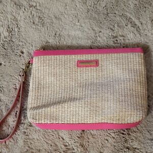 Nanette Lepore Straw Wristlet with Hot Pink Trim